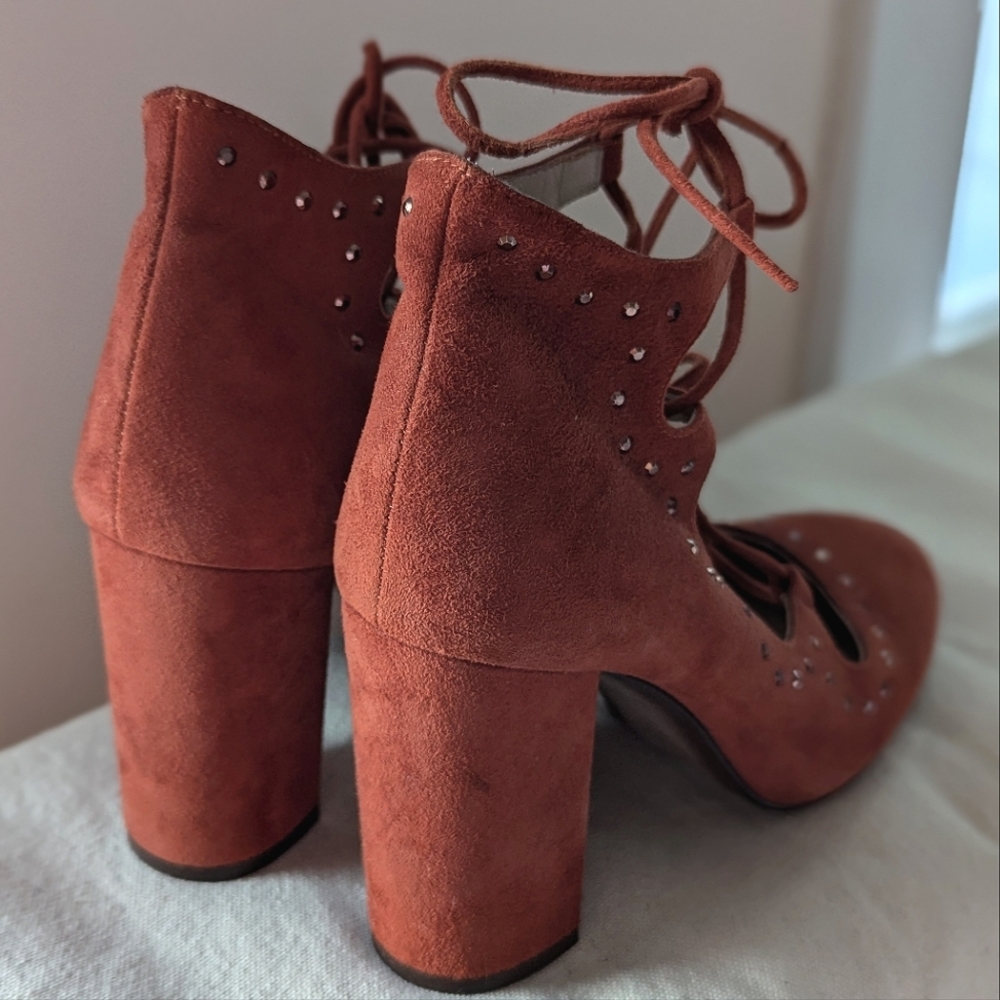 Sapena Spain Lace Up Chunky Ankle Heel Brown Suede Leather Round Yoe Euro 37.5 - Picture 8 of 16